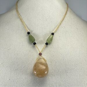 Rutilated Quartz Pendant Green Serpentine Beaded Necklace Statement Unique